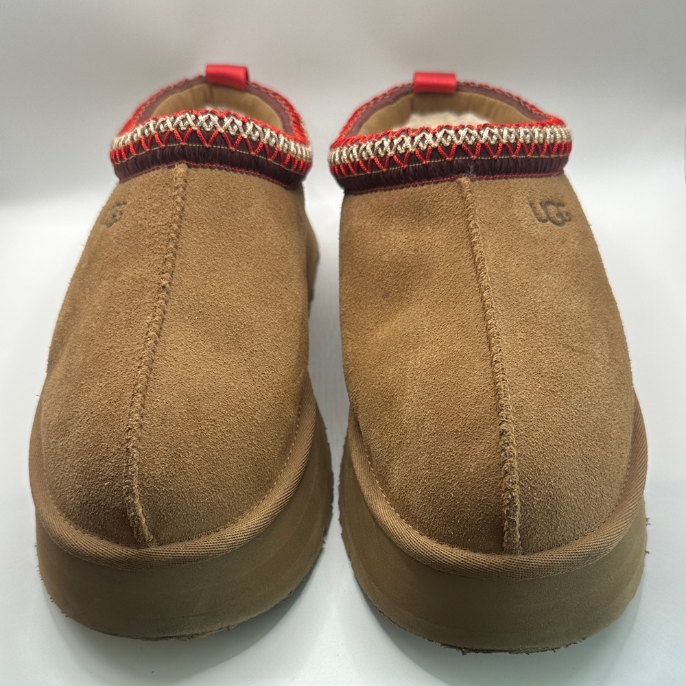 UGG Chestnut Suede Slip-On Clogs with Red and Cream Trim